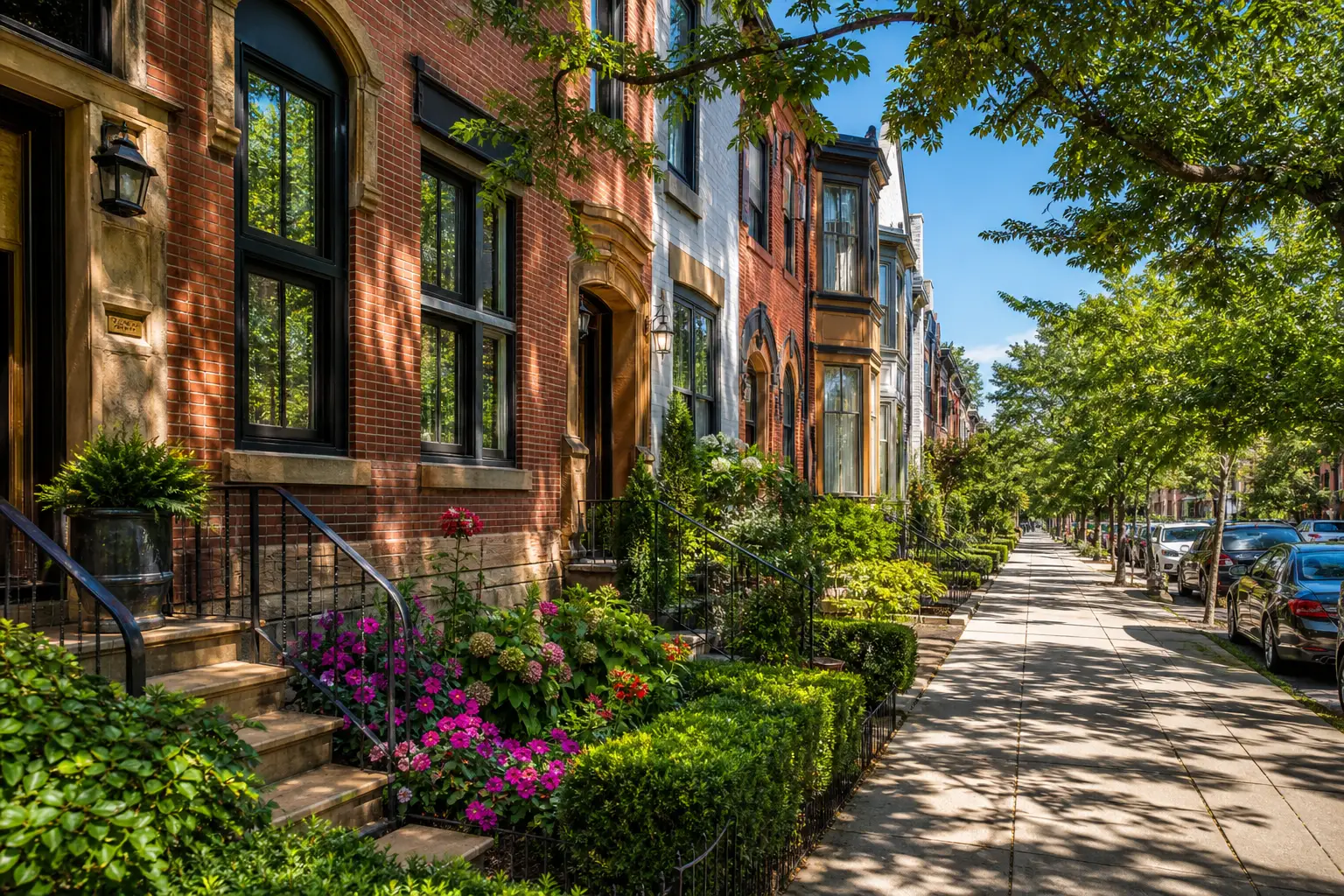 Clean brick row-homes on a tree-lined Northwest Philadelphia street