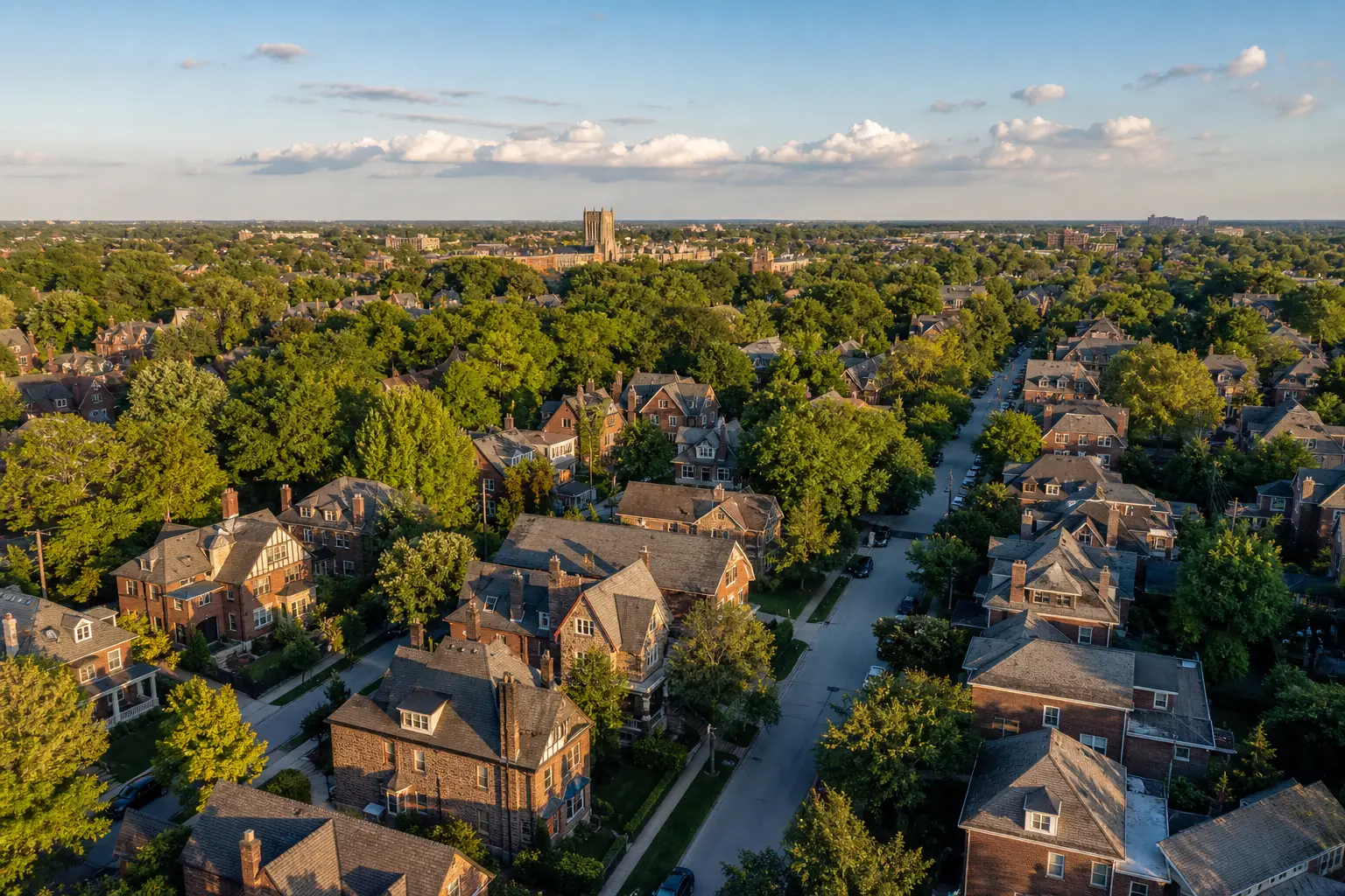 Aerial view of a leafy Northwest Philadelphia residential neighborhood