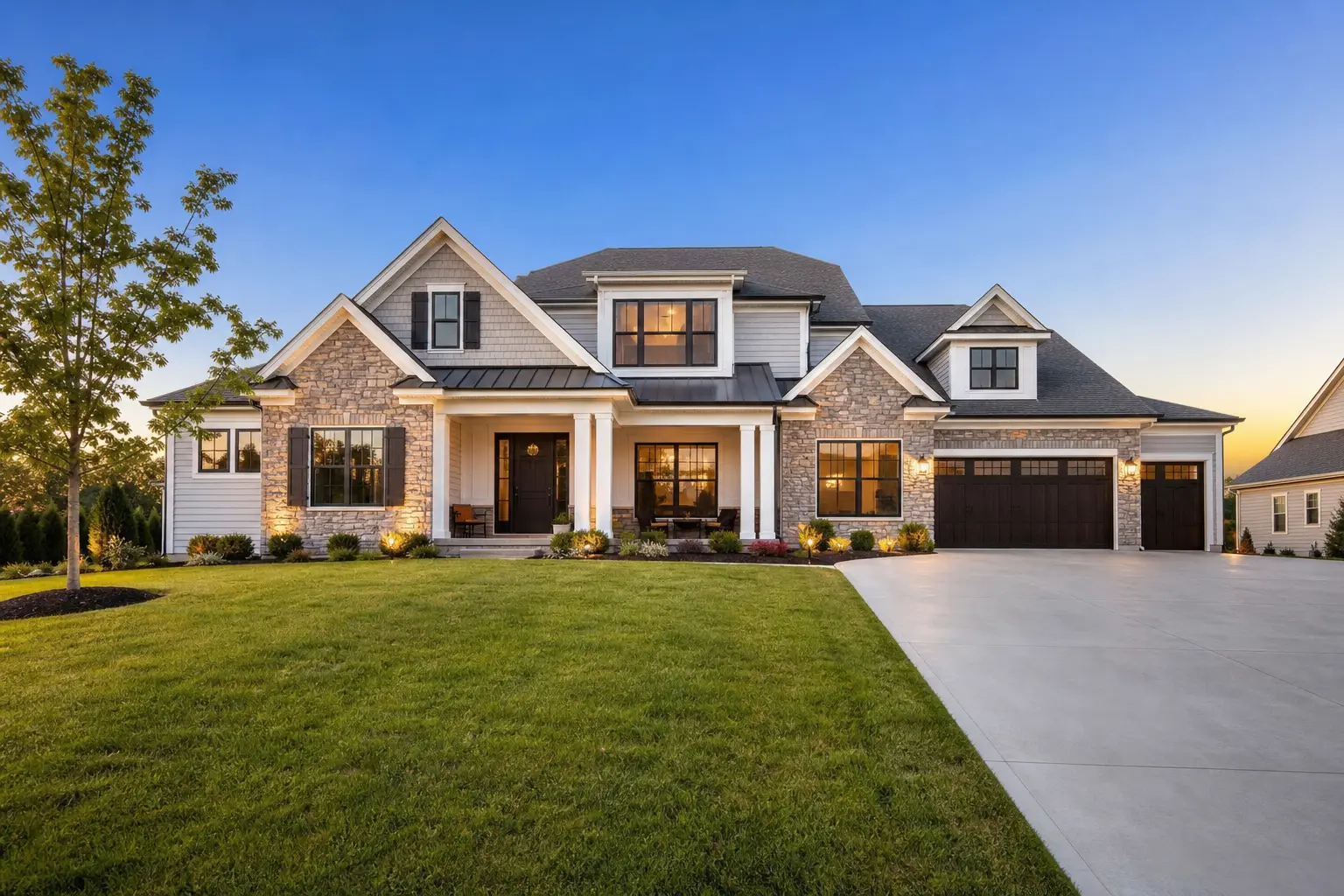 A freshly cleaned suburban home exterior with spotless windows at dusk